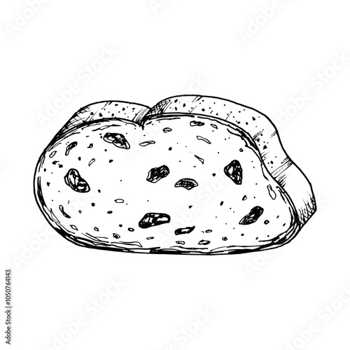 Vector illustration of sliced raisin bread with detailed texture. Ideal for bakery design, recipe book, food packaging or breakfast themed projects. Traditional Christmas stollen cake, new year cake