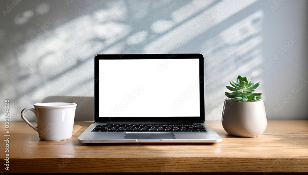 Fototapeta premium A clean, modern desk setup featuring a sleek laptop, a white coffee cup, and a small potted plant, creating a stylish and inviting workspace.