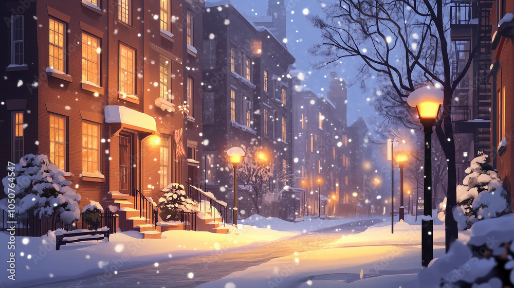 City street covered in fresh snow, Soft evening light, Snowflakes falling gently City street covered in fresh snow, Soft evening light, Snowflakes falling gently