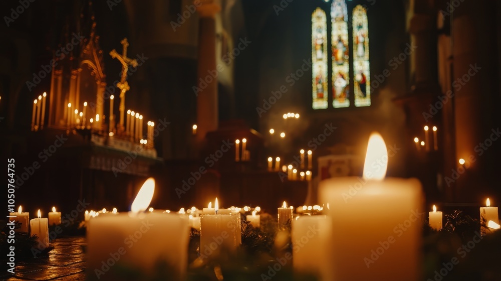 Candles burning in christmas church composition background 