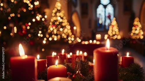 Candles burning in christmas church composition background 