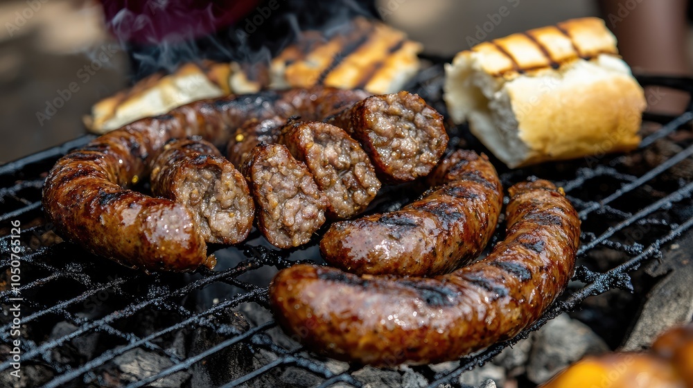 Close-up of boerewors sausage sizzling on the grill, served with a fresh roll at a South African street food market, highlighting its juicy texture and smoky flavor. Close-up of boerewors sausage sizzling on the grill, served with a fresh roll at a South African street food market, highlighting its juicy texture and smoky flavor.