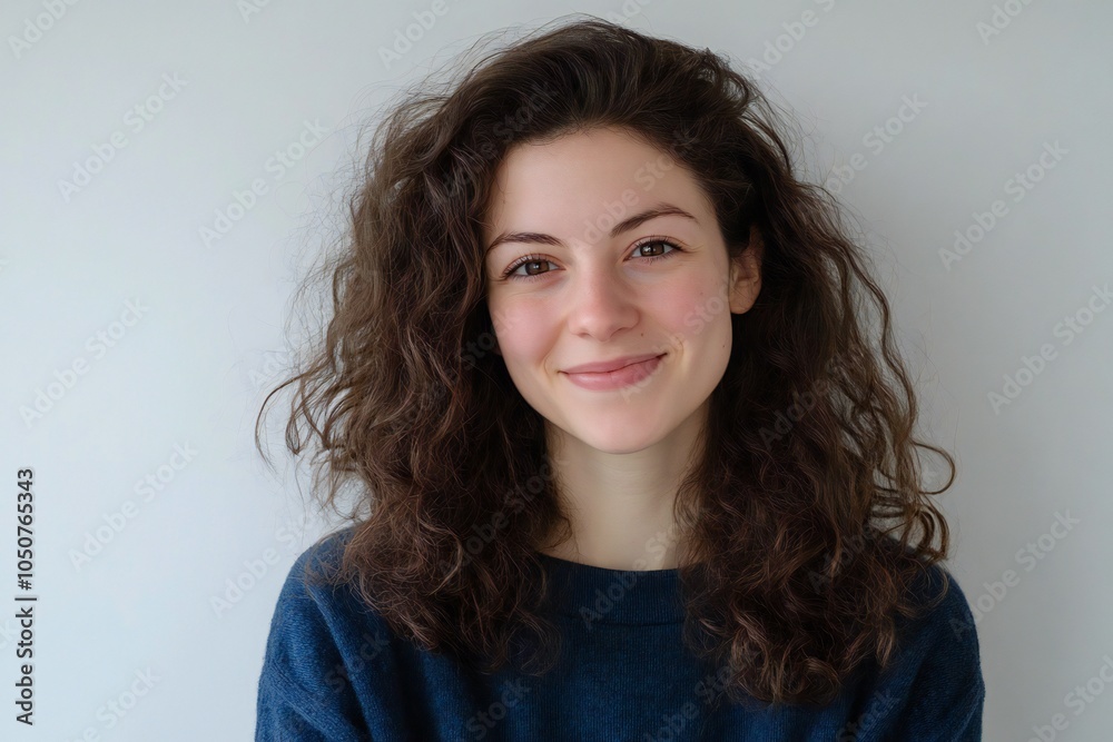 Young woman with curly hair in casual blue sweatshirt smiling against white background for advertising and promotion Young woman with curly hair in casual blue sweatshirt smiling against white background for advertising and promotion