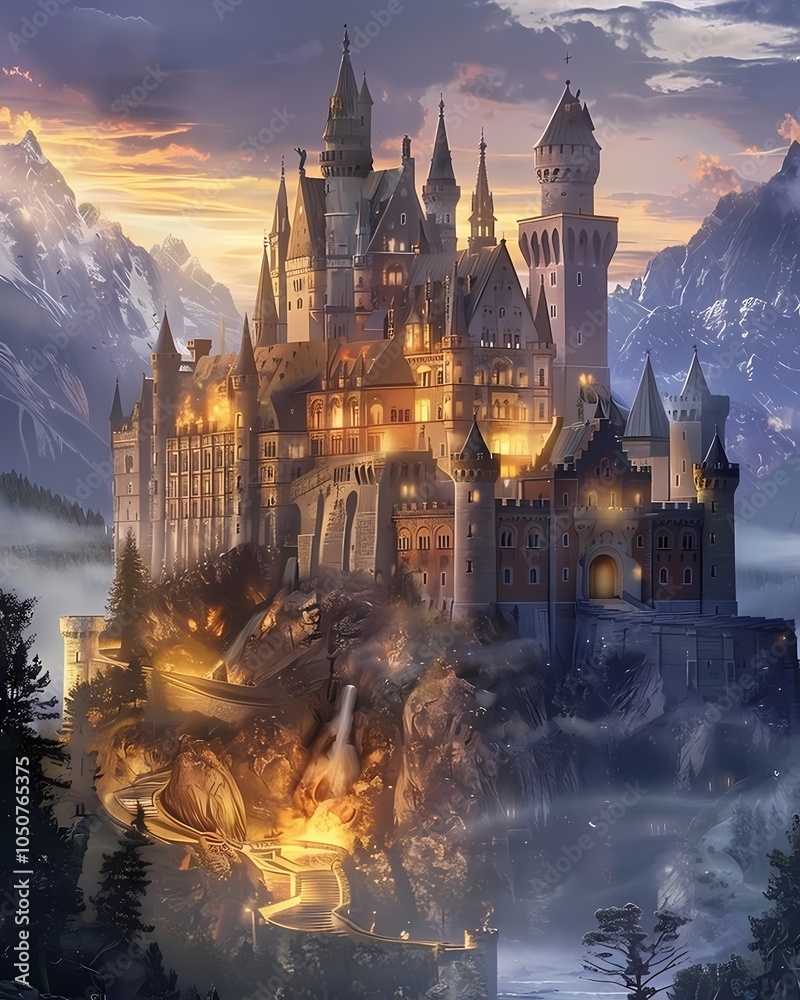Naklejka premium Majestic medieval castle on a hilltop at sunset with mist and illuminated pathways