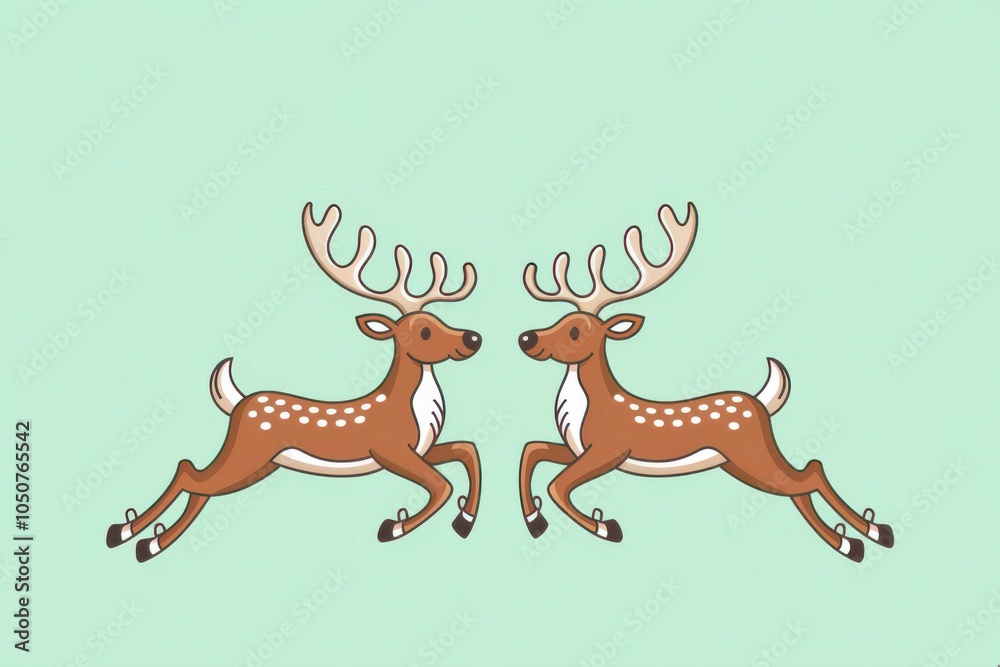 Obraz premium Playful Cartoon Reindeer Pastel Green Background - Whimsical Holiday Illustration Christmas Marketing, Greeting Cards, Festive Decorations
