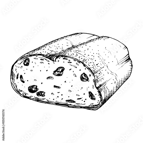 Vector illustration of sliced raisin bread with detailed texture. Ideal for bakery design, recipe book, food packaging or breakfast themed projects. Traditional Christmas stollen cake, new year cake