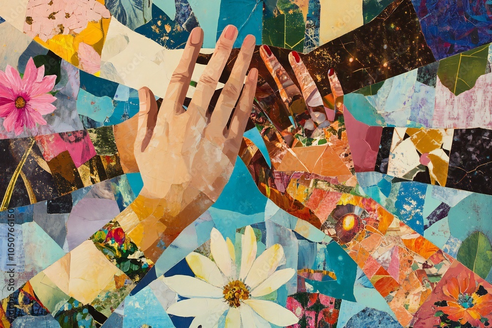 Fototapeta premium Hands high five in an artistic collage of unity and diversity