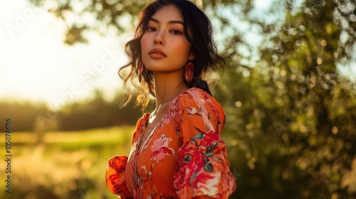 Woman in a floral dress, standing in a field