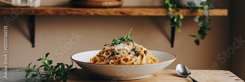Creamy pasta with green garnish on a white plate  wooden table  and a spoon  perfect for a cozy dinner   