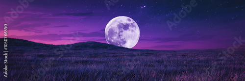 Full moon over purple grass field  night sky  stars  dreamy  magical  nature  landscape  perfect for fantasy or mystical designs   
