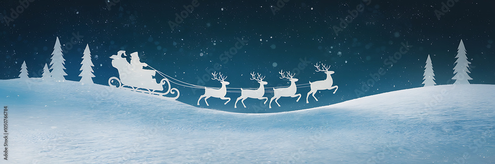 White silhouette Santa sleigh reindeer snowy blue night Christmas magic White silhouette Santa sleigh reindeer snowy blue night Christmas magic