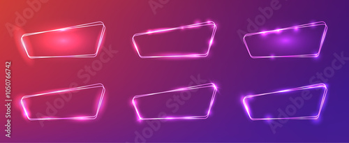 Set of six neon frames with shining effects