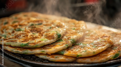 Close-up of fried Chinese scallion pancakes (laobing), served hot from a street food vendor, showcasing its golden, flaky layers. photo