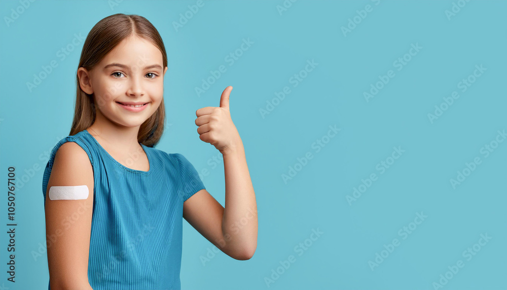 girl showing ok sign. young girl showing arm with plaster , bandage after vaccination. thumps up girl showing ok sign. young girl showing arm with plaster , bandage after vaccination. thumps up
