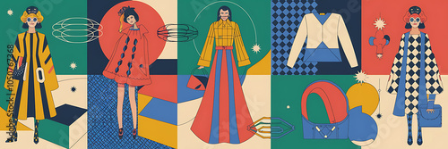 Fashionable women in red  blue  and yellow outfits  geometric shapes  and a retro  modern style  perfect for a fashion blog or social media post   