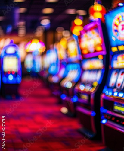 A blurred casino interior with vibrant slot machines, emphasizing excitement. photo