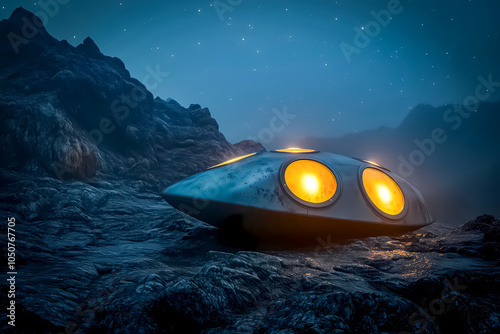 A captivating scene of a sleek futuristic alien spacecraft with glowing circular windows, resting on a rugged, rocky terrain under a starry blue night sky. photo