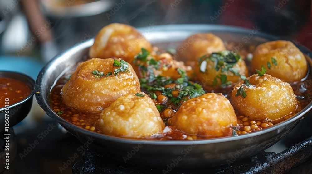 Close-up of spicy kachoris stuffed with lentils and served with tamarind chutney, freshly fried from an Indian street vendor. Close-up of spicy kachoris stuffed with lentils and served with tamarind chutney, freshly fried from an Indian street vendor.