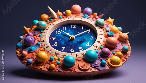 A surreal cosmic clock made from colorful modeling clay, featuring numbers shaped like stars and planets, distorting the passage of time in a whimsical way, Generative AI photo