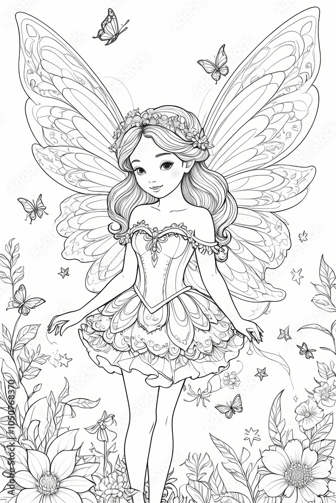 Fototapeta premium Whimsically Enchanting Fairy with Delicate Wings and Floral Patterns - Fantasy Coloring Page