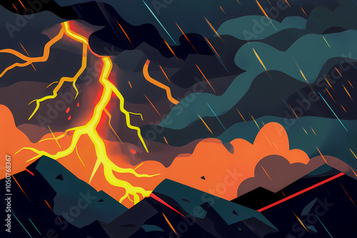 A flat illustration of a thunderstorm with vivid lightning bolts illuminating the dark, stormy sky over an ocean with dramatic clouds.