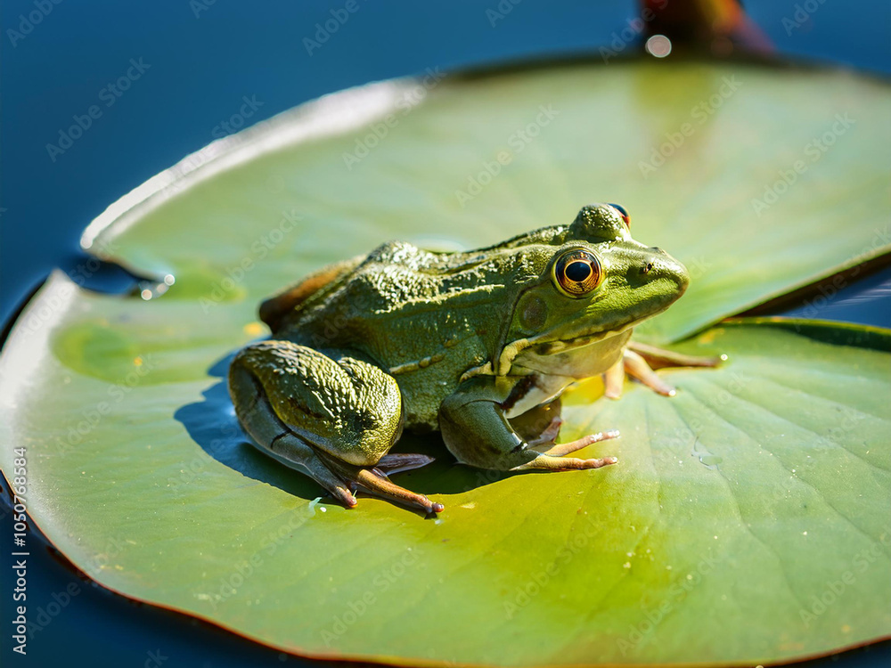 Close-up of a little green frog sitting on a water lily leaf in a pond Close-up of a little green frog sitting on a water lily leaf in a pond
