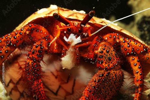 Giant or Spotted hermit crab (Dardanus megistos) eating a piece of fish meat photo