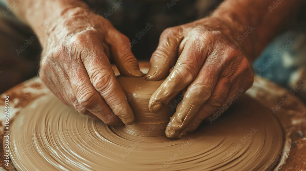 Skilled artisan shaping clay on a pottery wheel Skilled artisan shaping clay on a pottery wheel