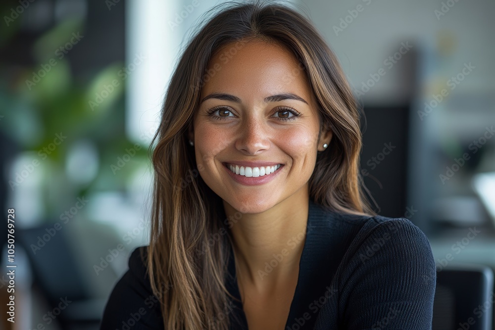 Fototapeta premium Female business professional smiling happily in an office, Generative AI