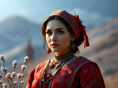 Portrait of a Tatar woman in a traditional red costume standing against a mountainous backdrop in a serene landscape