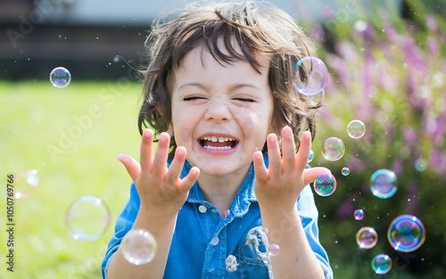 Happy child blue shirt playing with bubbles summer fun joyful childhood   