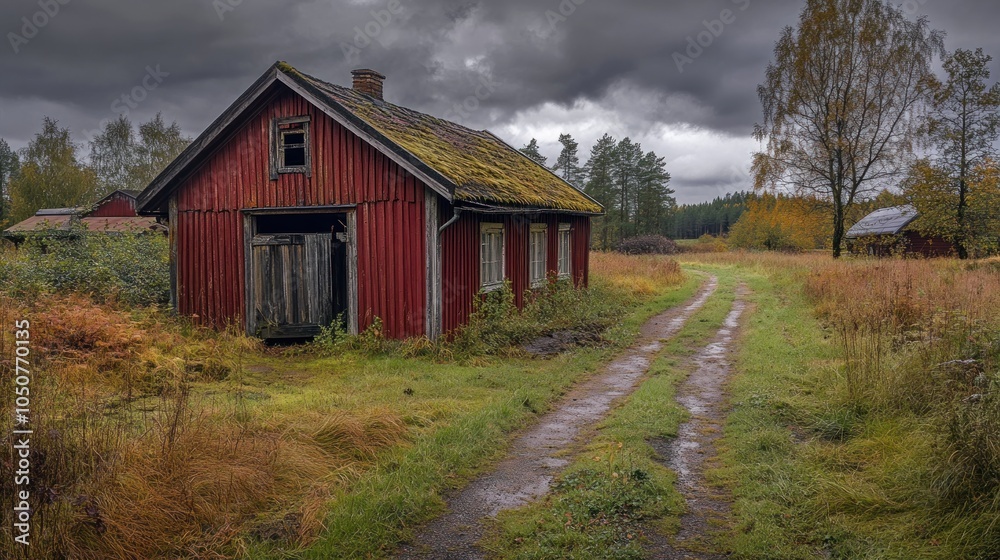 Obraz premium An abandoned red house in a rural landscape under a cloudy sky.