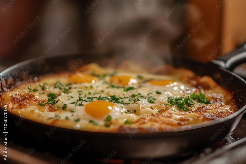 A rösti in a pan with fried eggs on top A rösti in a pan with fried eggs on top
