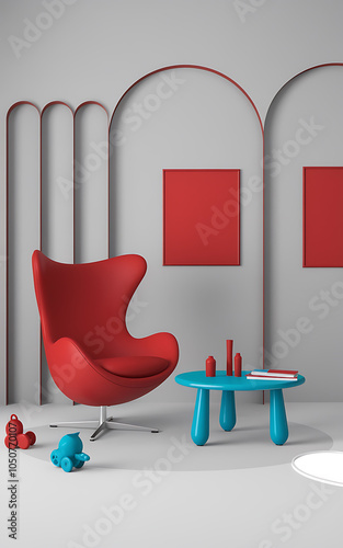 Red chair and blue table in modern minimalist living room interior design   