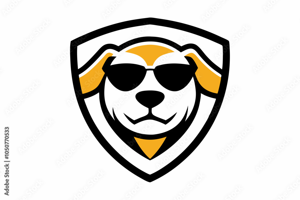 Obraz premium Dog head mascot with sunglasses vector logo design vector illustration with shield on white.