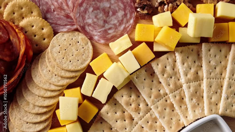 Top view of a cheese platter, charcuterie board, rotating view