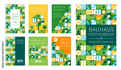 Geometric Bauhaus Nature Posters, Eco Elements and Modern Design, Vector minimal illustration