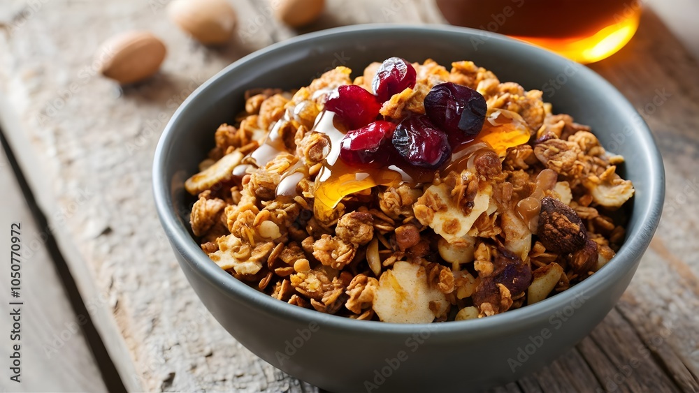 Pumpkin spice granola bowl with cranberries and honey on rustic surface Pumpkin spice granola bowl with cranberries and honey on rustic surface