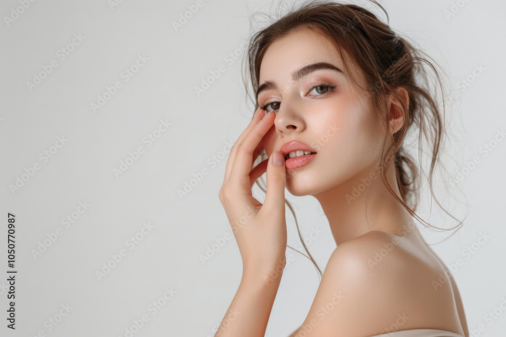 Elegant beauty portrait of young woman with flawless skin and graceful pose. The concept of beautiful healthy skin and care Elegant beauty portrait of young woman with flawless skin and graceful pose. The concept of beautiful healthy skin and care