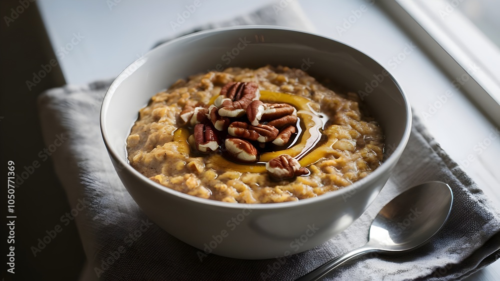 Warm pumpkin spice oatmeal with pecans and maple syrup in cozy setting Warm pumpkin spice oatmeal with pecans and maple syrup in cozy setting