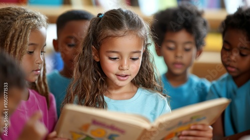 A young teacher-in-training child reading a book to a group of attentive students