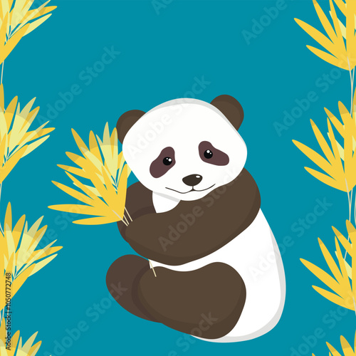 Seamless pattern with cute panda baby on color background. Funny asian animals. Card, postcards for kids. Flat vector illustration for fabric, textile, wallpaper, poster, gift wrapping paper photo