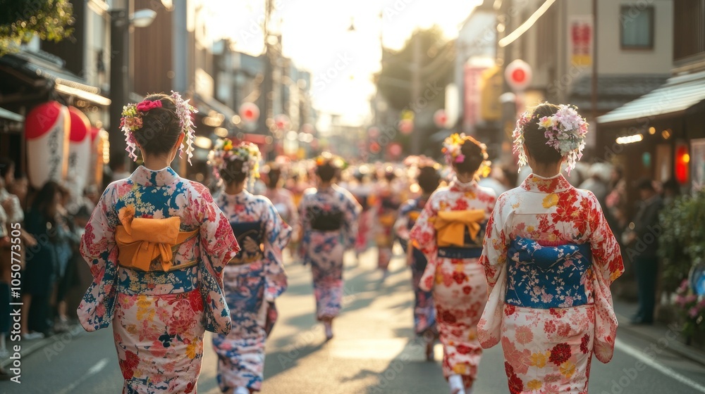 Japanese Women in Kimono Walking Through a Street Japanese Women in Kimono Walking Through a Street