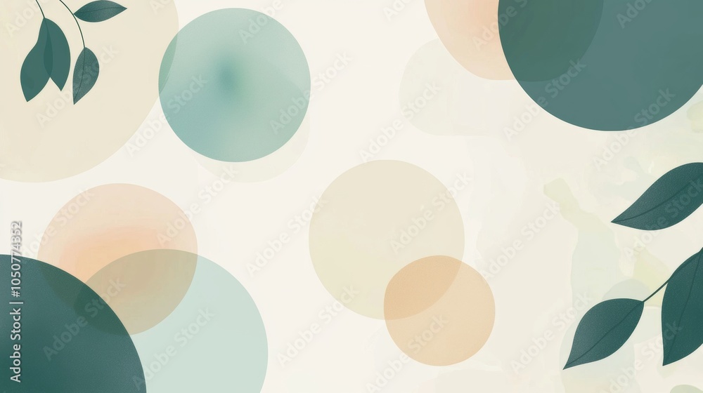 Green and beige circles are overlapping, creating a relaxing abstract background with green leaves on the sides, perfect for wellness and nature-related projects Green and beige circles are overlapping, creating a relaxing abstract background with green leaves on the sides, perfect for wellness and nature-related projects