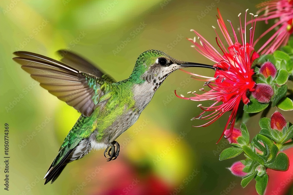 A hummingbird hovers, feeding on nectar from a red flower A hummingbird hovers, feeding on nectar from a red flower