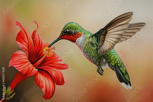 Drawing of a hummingbird next to a beautiful red flower on a blurred background. photo