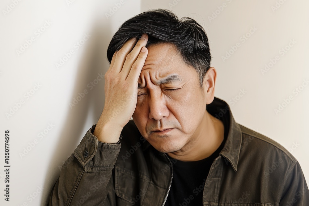 Pensive Mature Man Holding Head, Worried Expression. Generative AI.