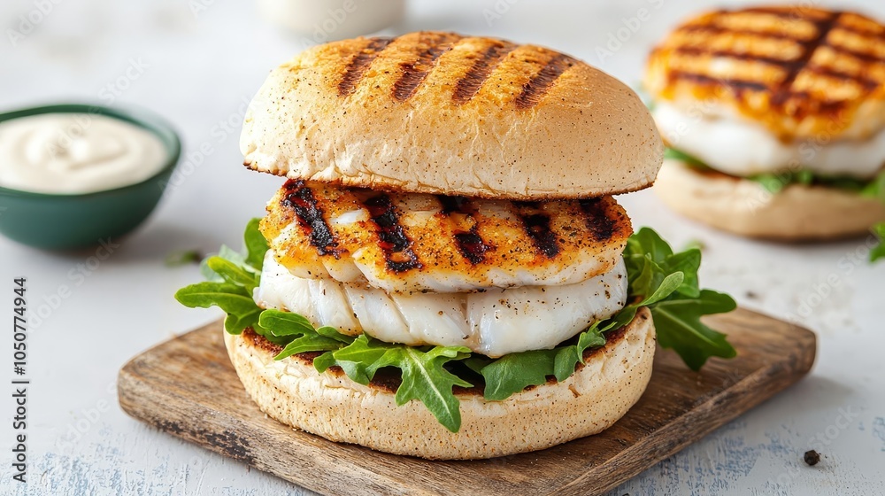 Vegan fish burger with plantbased grilled filet, vegan cheese, and fresh greens on a whole wheat bun vegan fish burger, plantbased food concept Vegan fish burger with plantbased grilled filet, vegan cheese, and fresh greens on a whole wheat bun vegan fish burger, plantbased food concept