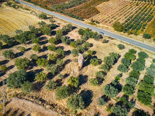 Aerial view with drone; Sardes (Sardis) Ancient City which has gymnasium and synagogue ruins and columns in Manisa, Turkey.
 photo