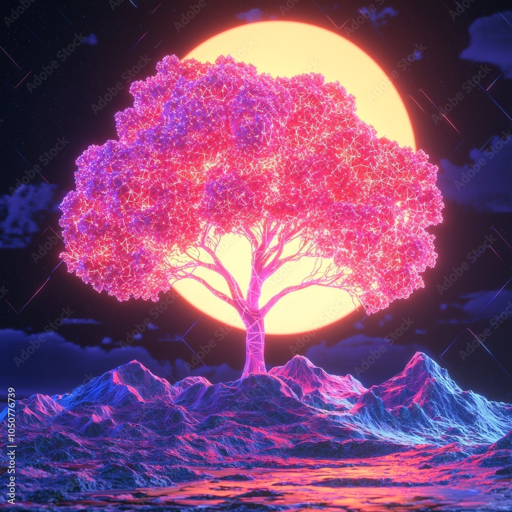 Fototapeta premium A neon-lit tree stands in a retro futuristic landscape under a glowing moon.